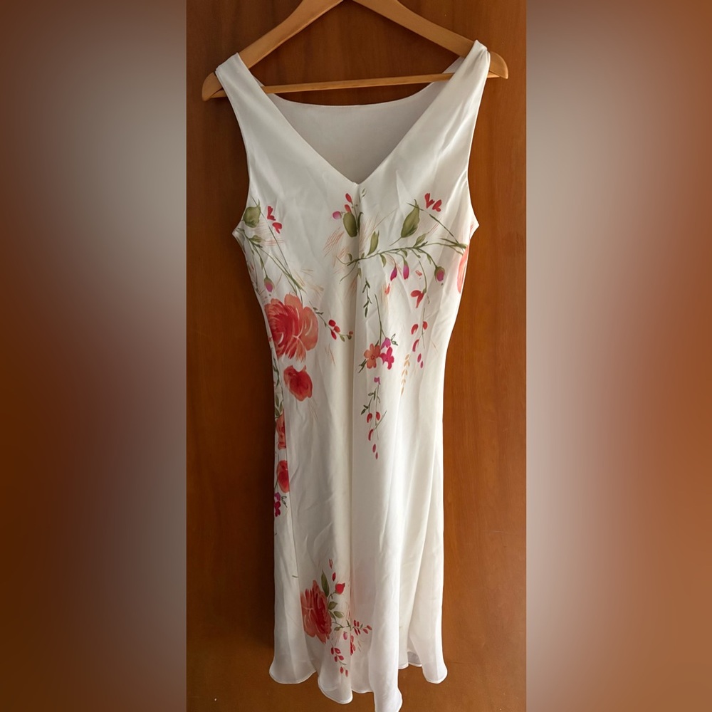 Alyn Paige White Midi Dress with Coral and Olive Floral Print
